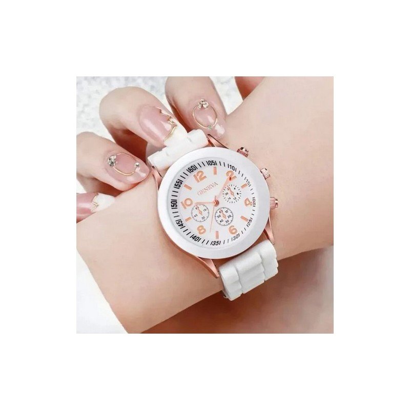 ساعة يد كوارتز أنيقة للصبايا حزام سيليكون لون أبيض