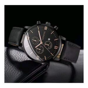 ساعة يد كوارتز رجالية مميزة مع حزام جلد أنيق لون اسود وعقارب بلون روز جولد