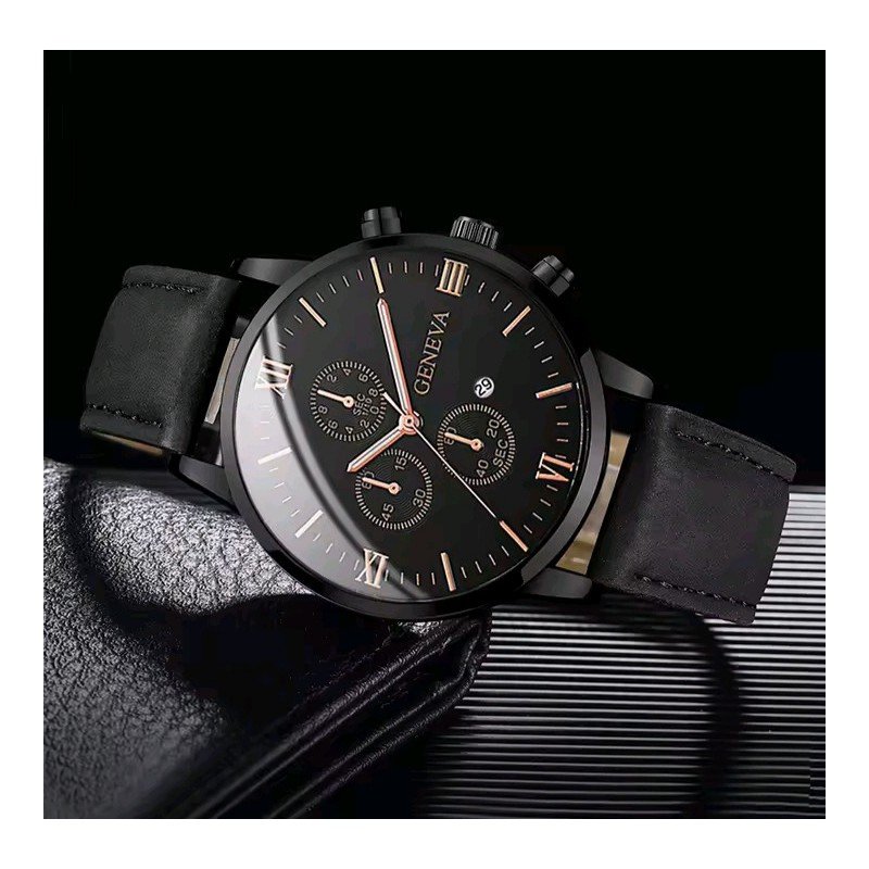 ساعة يد كوارتز رجالية مميزة مع حزام جلد أنيق لون اسود وعقارب بلون روز جولد