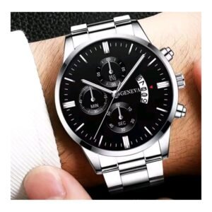 ساعة يد كوارتز فخمة للرجال - حزام من الستانلس ستيل المقاوم للصدأ - لون فضي ماركة Geneva