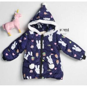 سترة مبطنة فرو للأطفال لون كحلي برسومات أرنب