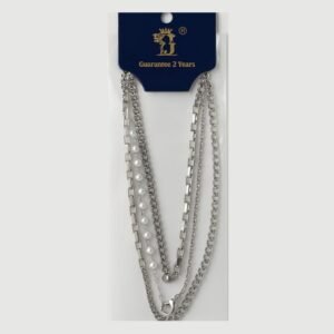 سلسال 3 طبقات جنزير وحبات لولو وحلقات كبيرة مترابطة لون فضي