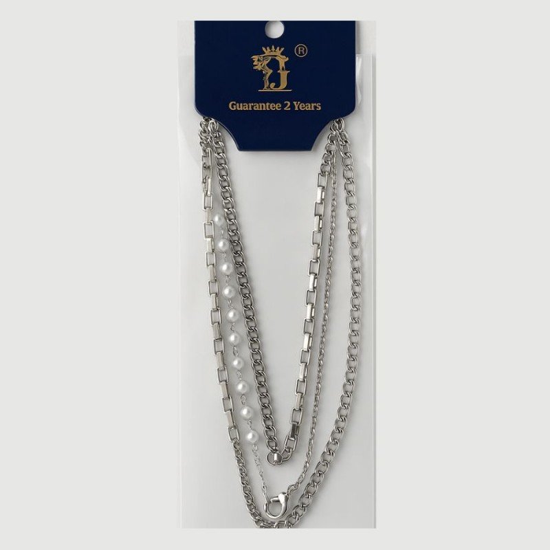 سلسال 3 طبقات جنزير وحبات لولو وحلقات كبيرة مترابطة لون فضي