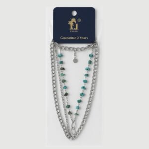 سلسال 3 طبقات جنزير وحلقات صغيرة مترابطة احجار زركون صغيرة لون فضي