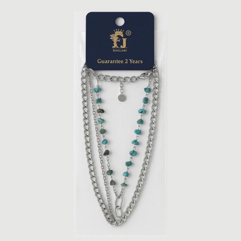 سلسال 3 طبقات جنزير وحلقات صغيرة مترابطة احجار زركون صغيرة لون فضي