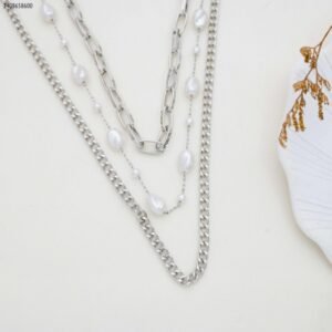 سلسال جنزير ثلاثة طبقات مع لولو لون فضي