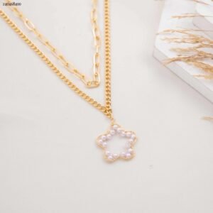 سلسال جنزير طبقتين مع تعليقة نجمة مع لولو لون ذهبي كفالة سنتين ضد تغير اللون