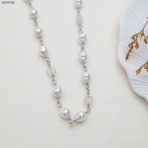 سلسال حبات لولو مع احجار زركون وردية لون فضي