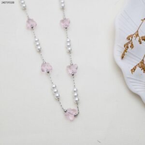 سلسال حبات لولو مع احجار زركون وردية لون فضي