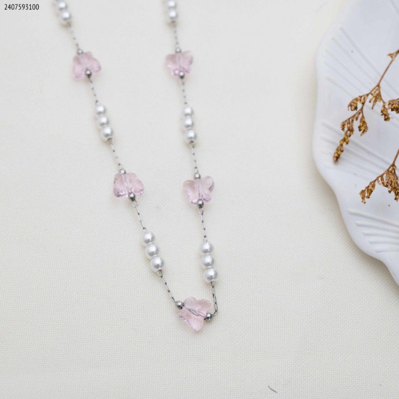 سلسال حبات لولو مع احجار زركون وردية لون فضي