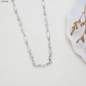 سلسال حبات لولو مع حلقات حبات لولو صغير لون فضي