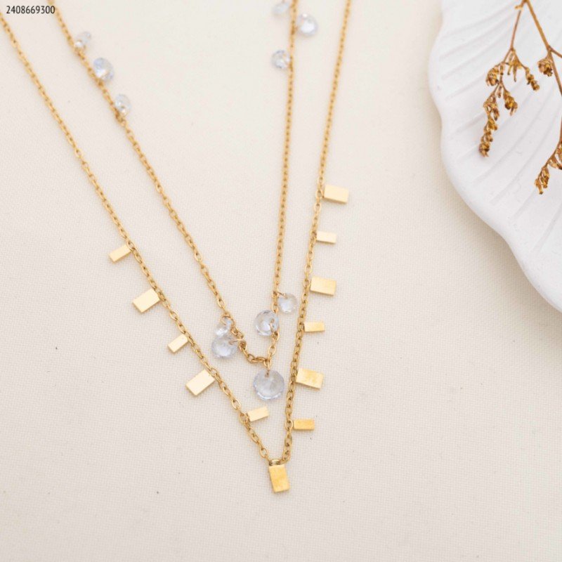 سلسال طبقتين مع خرز أبيض لون ذهبي