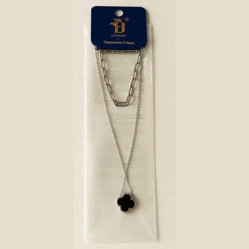 سلسال طويل وردة برسيم وجهين خمري و أسود لون فضي