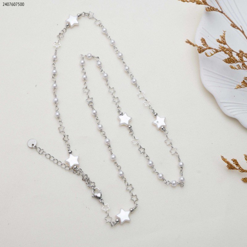 سلسال لولو نجوم مع حبيبات وحلقات نجمة لون فضي