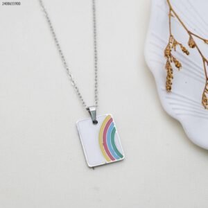 سلسال مستطيل أبيض قوس قزح لون فضي