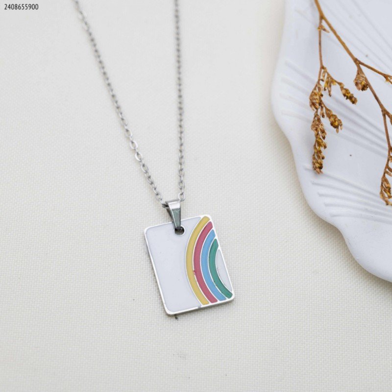 سلسال مستطيل أبيض قوس قزح لون فضي