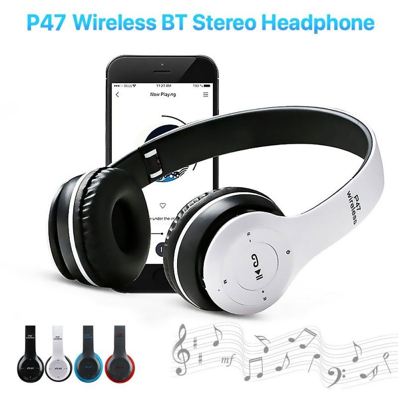 سماعة الراس P-47 ستيريو اللاسلكي، مقاس 3.5 ملم تعمل بتقنية البلوتوث- لون أسود/ أبيض - Image 3