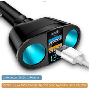 شاحن جوال مزدوج في السيارة - 2 منفذ USB و منفذ Type C مع شاشة عرض LCD - يدعم QC3.0 و2.4A لشحن أسرع وأكثر أماناً.