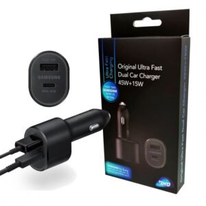 شاحن سامسونج للسيارة بمنفذين أصلي لون أسود- Samsung Super Fast Dual Car Charger With USB-C