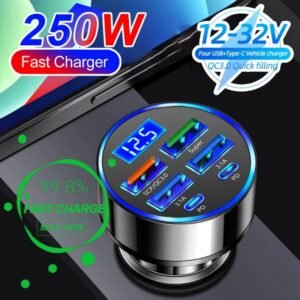شاحن سيارة 6 مخارج USB + PD مع شاشة فحص فولطية البطارية
