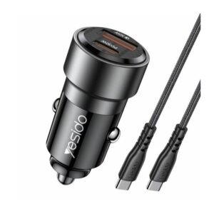 شاحن سيارة مدخلين يدعم الشحن السريع 60 واط مع وصلة تايب سي إلى تايب سي ماركة yesido y55