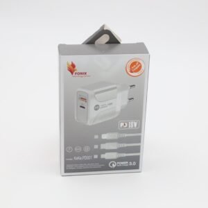شاحن فونيكس 18 واط بمنفذين مع كابل وصلة مايكرو لون أبيض - Fonix KwKw PD001 18 W Power Adapter