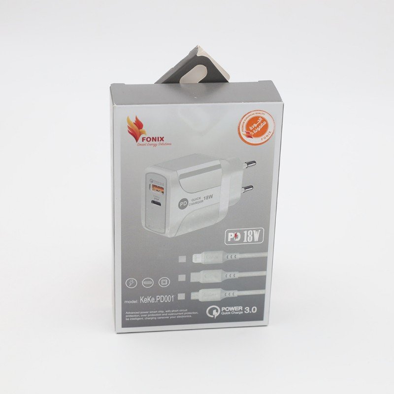 شاحن فونيكس 18 واط بمنفذين مع كابل وصلة مايكرو لون أبيض - Fonix KwKw PD001 18 W Power Adapter