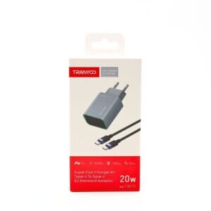 شاحن يدعم الشحن السريع عظمة بمدخل تايب سي 20 وات + سلك شاحن تايب سي الى تايب سي 1 متر 60 وات ماركة tranyoo