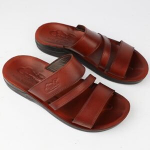 شبشب جلد بتصميم مفتوح الأصابع للرجال لون بني ونعل أسود