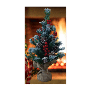 شجرة كريسمس مزينة مع قاعدة خشب