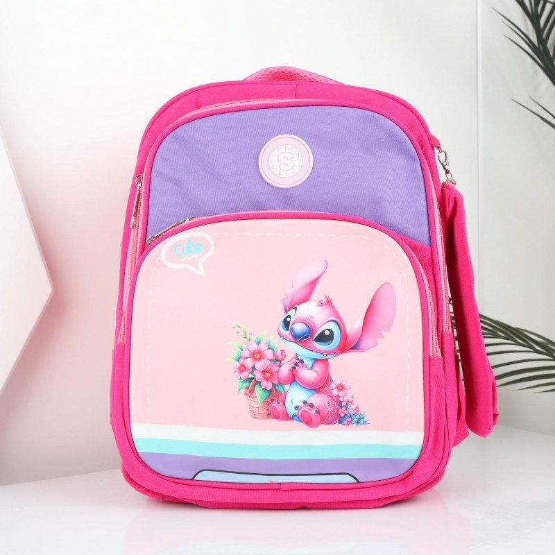 شنطة مدرسة مع مقلمة بتصميم ستيش مقاس 15 انش لون زهري