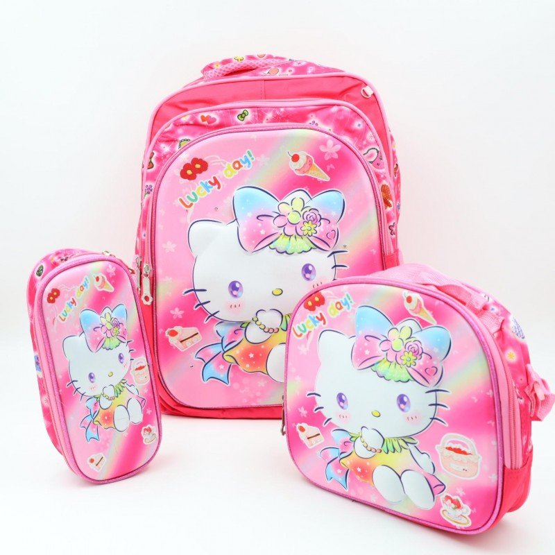 شنطة مدرسية 16 انش 3 قطع مع عرباية جر للشناتي