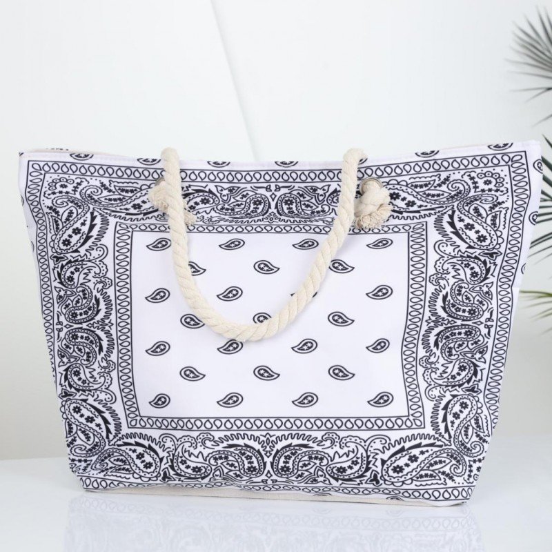 شنطة يد قماش للرحلات بزخرفة لون أبيض