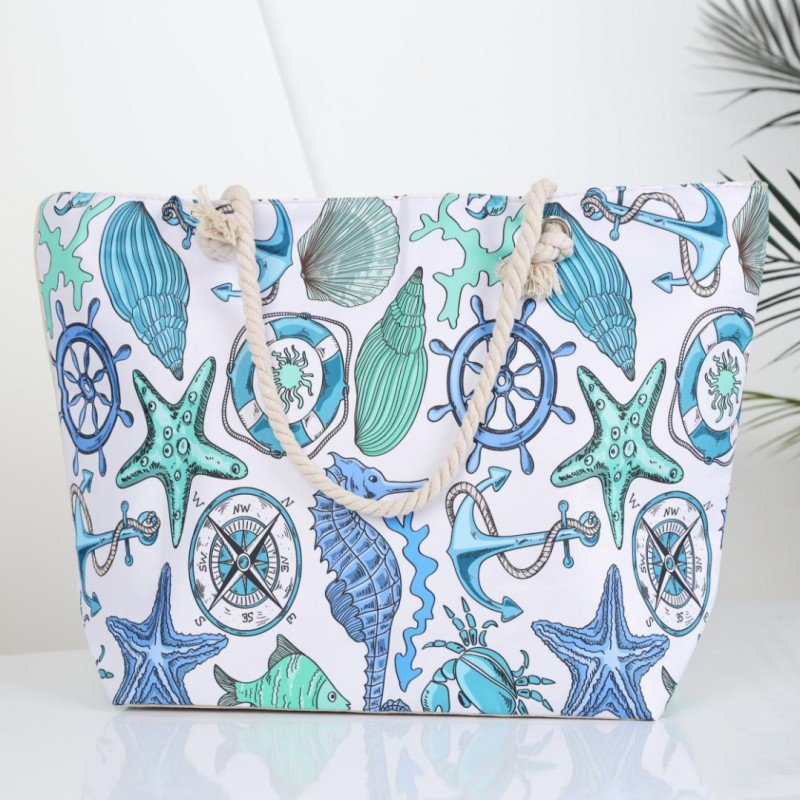 شنطة يد قماش للرحلات بخرفة بحرية لون أبيض