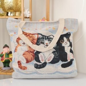 شنطة يد قماش للرحلات بتصميم ثلاث قطط لون بيج