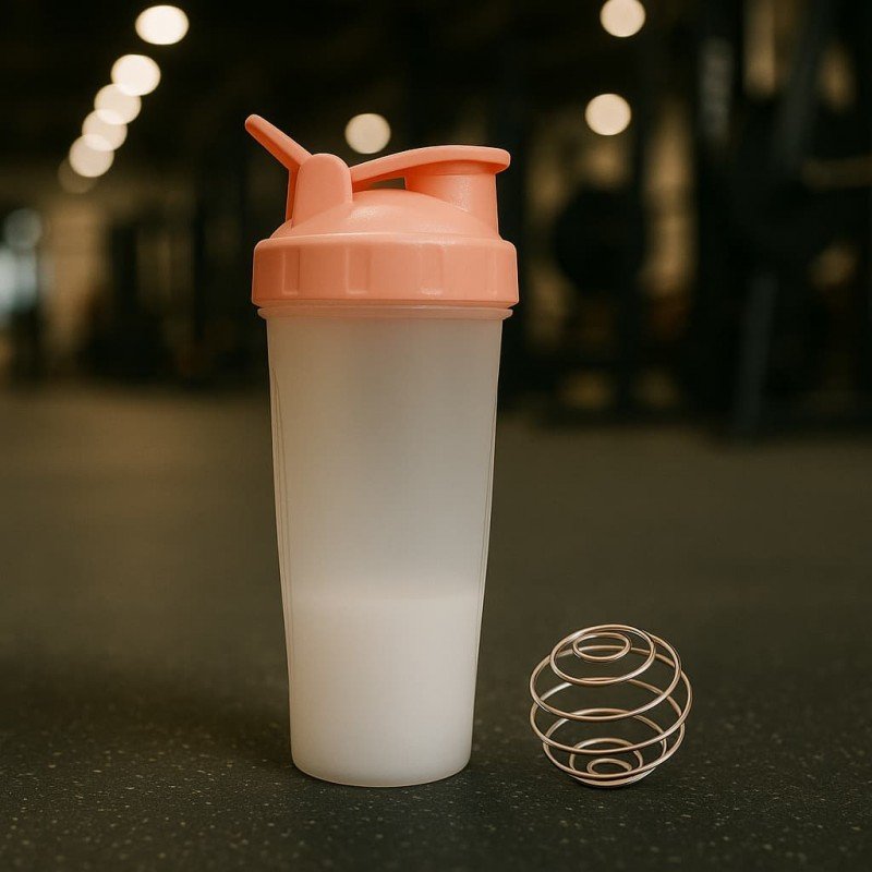 شيكر بروتين بلاستيك PP لون زهري وابيض حجم 700 مل