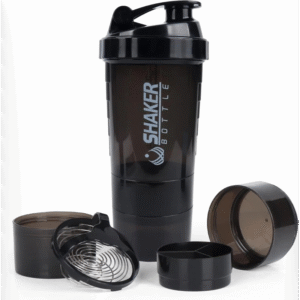 شيكر بروتين ( مطرة ماء مع مكان للبروتين أو الفيتامينات ) اسود