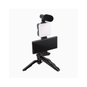 حامل هاتف ثلاثي القوائم وميكروفون صغير وضوء ليد لتصوير الفيديو للسوشال ميديا