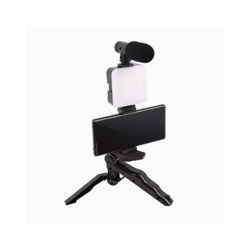 حامل هاتف ثلاثي القوائم وميكروفون صغير وضوء ليد لتصوير الفيديو للسوشال ميديا