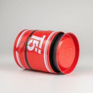 صندوق هدايا معدن شبابي للساعه شكل اسطوانه لون أحمر تفاصيل أبيض وأسود