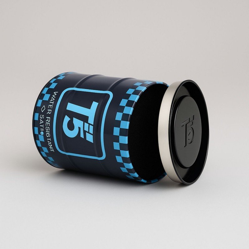 صندوق هدايا معدن شبابي للساعه شكل اسطوانه لون أسود بتفاصيل أزرق