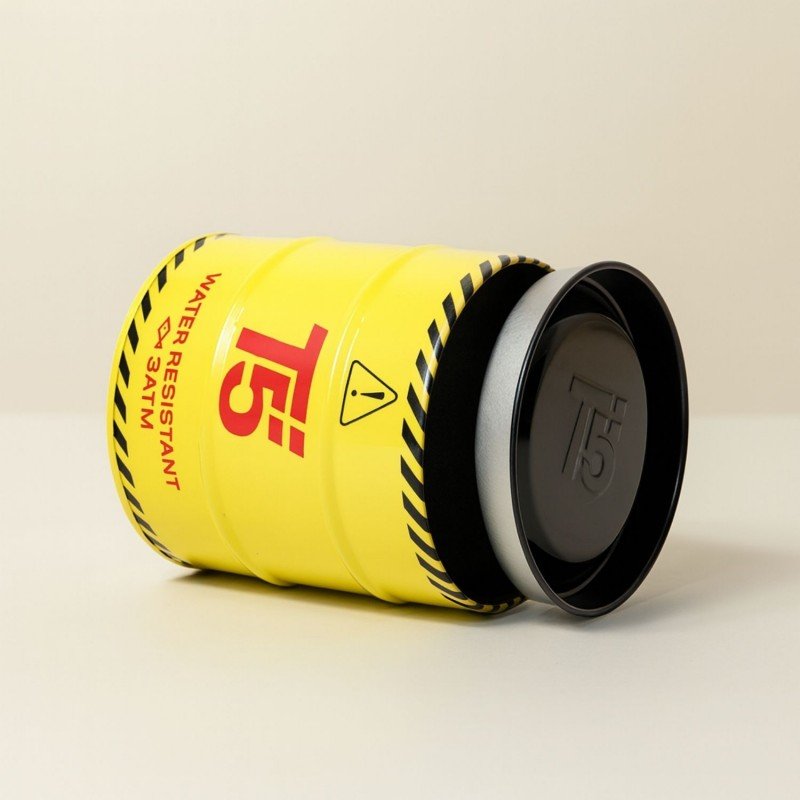 صندوق هدايا معدن شبابي للساعه شكل اسطوانه لون أصفر تفاصيل أحمر وأسود