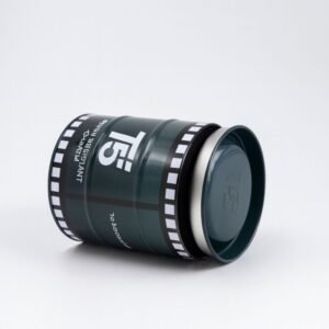 صندوق هدايا معدن شبابي للساعه شكل اسطوانه لون اسكني غامق بتفاصيل أبيض وأسود