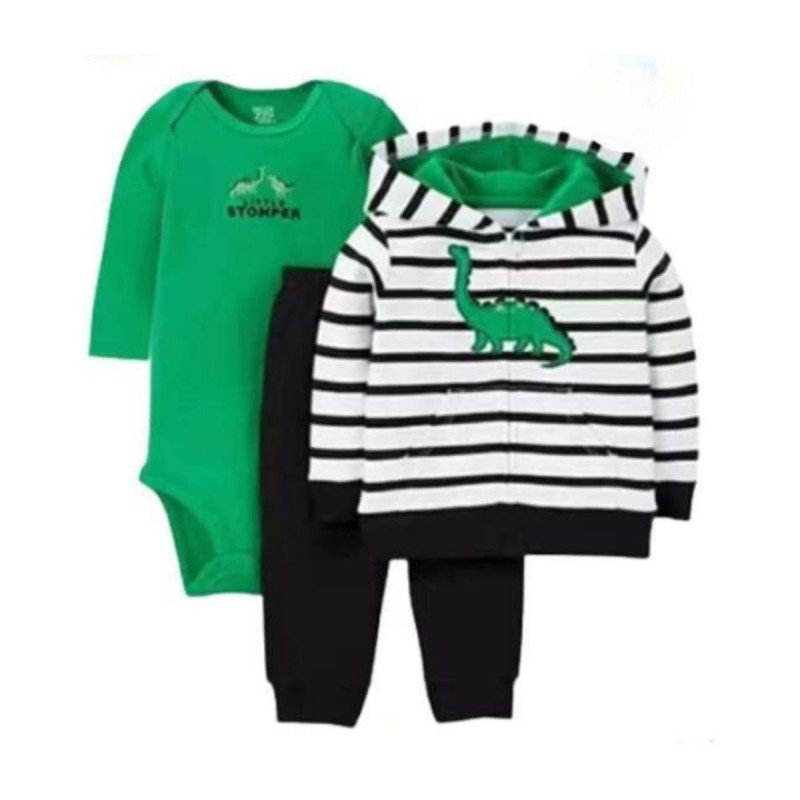 طقم 3 قطع للأطفال لون أبيض وأسود وأخضر