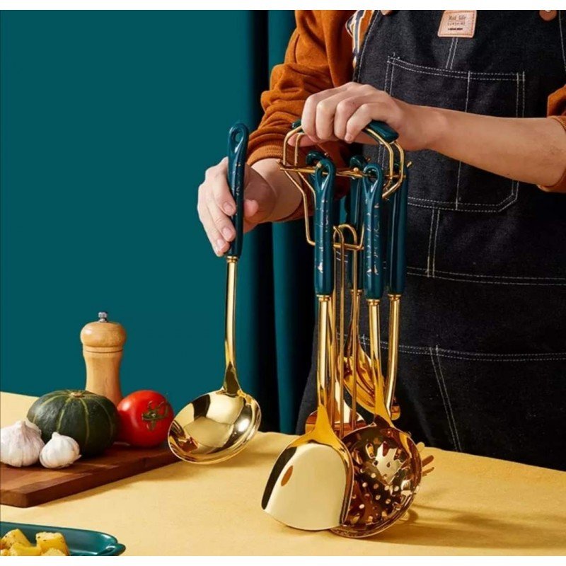 طقم 6 مغارف ذهبي مع ستاند ( لون زيتي)