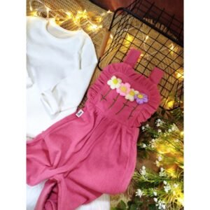 طقم افرهول مع بلوزة كم بناتي لون فوشي وأبيض