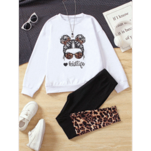 طقم بلوزة وبنطلون للأطفال لون ابيض وأسود