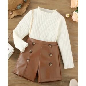 طقم بناتي ( بلوزة بيضا وشرط جلد لون بني )