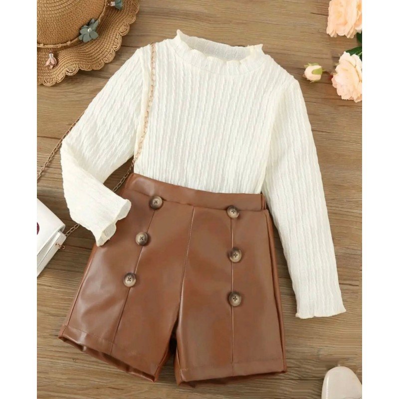طقم بناتي ( بلوزة بيضا وشرط جلد لون بني )