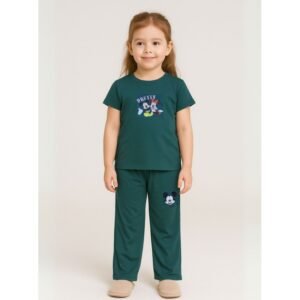 طقم بناتي قطعتين لون أخضر بنطلون + تيشيرت